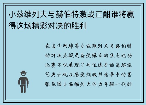 小兹维列夫与赫伯特激战正酣谁将赢得这场精彩对决的胜利
